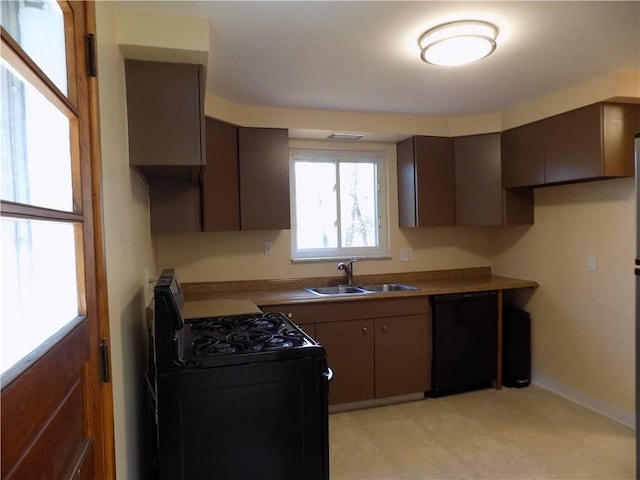 kitchen featuring sink, dark brown cabinets, and black appliances