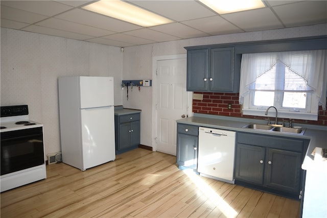 kitchen featuring gray cabinetry, a paneled ceiling, sink, light hardwood / wood-style floors, and white appliances