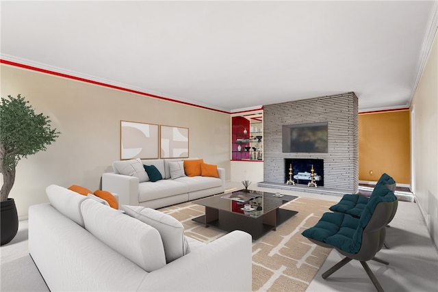 living room with a large fireplace, light colored carpet, and ornamental molding