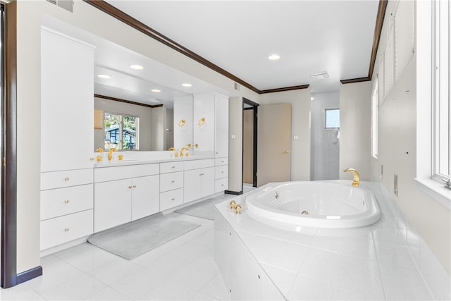 bathroom featuring vanity, tile patterned floors, ornamental molding, and tiled tub