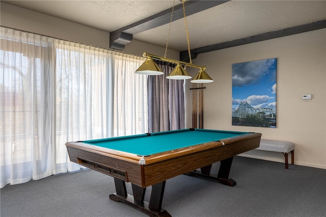 game room featuring beamed ceiling, a textured ceiling, carpet flooring, and billiards