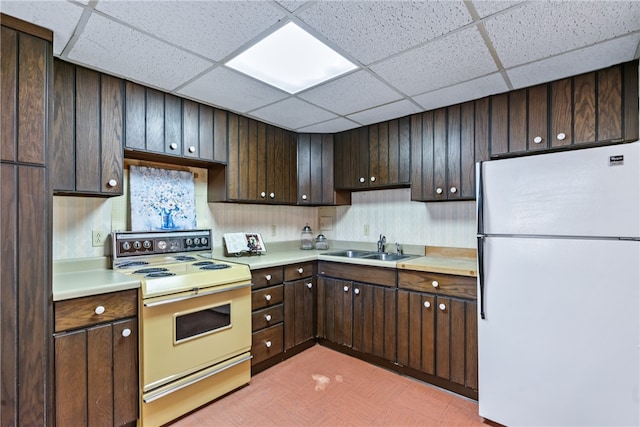 kitchen featuring white appliances, a drop ceiling, and dark brown cabinets