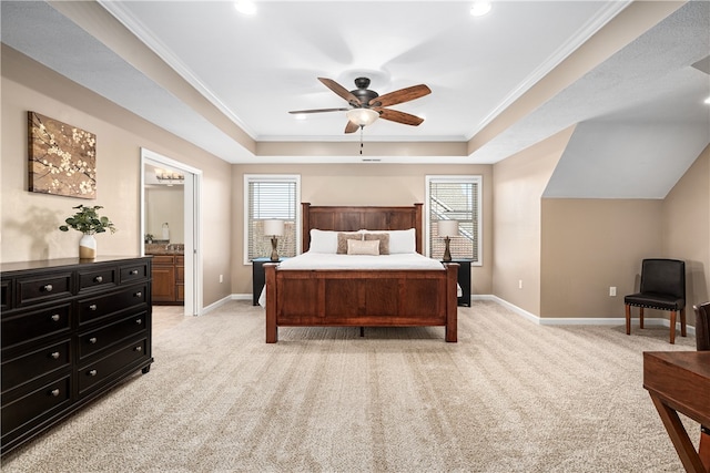 bedroom with connected bathroom, ceiling fan, light colored carpet, and ornamental molding