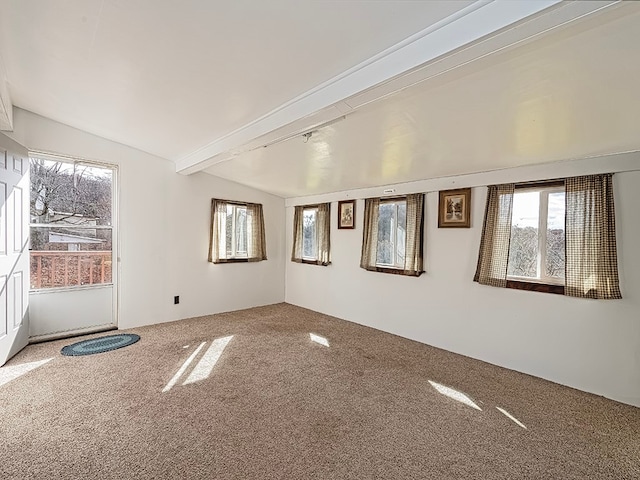 unfurnished room with lofted ceiling with beams and carpet flooring