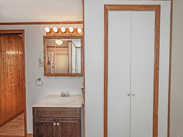 bathroom with vanity and wood-type flooring