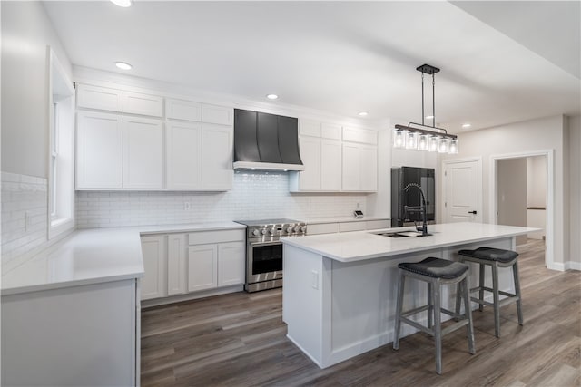 kitchen featuring white cabinets, stainless steel range oven, custom exhaust hood, an island with sink, and sink