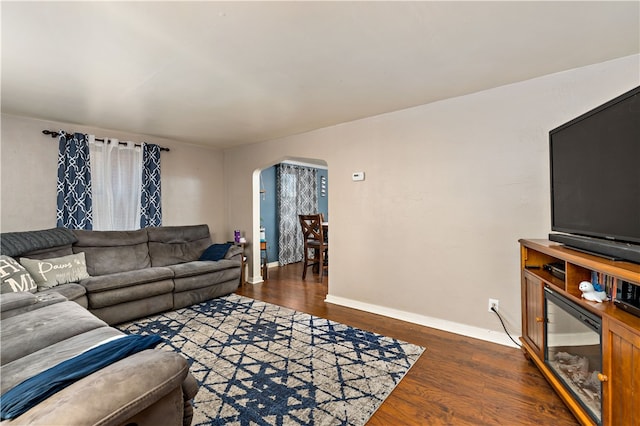 living room featuring dark wood-type flooring