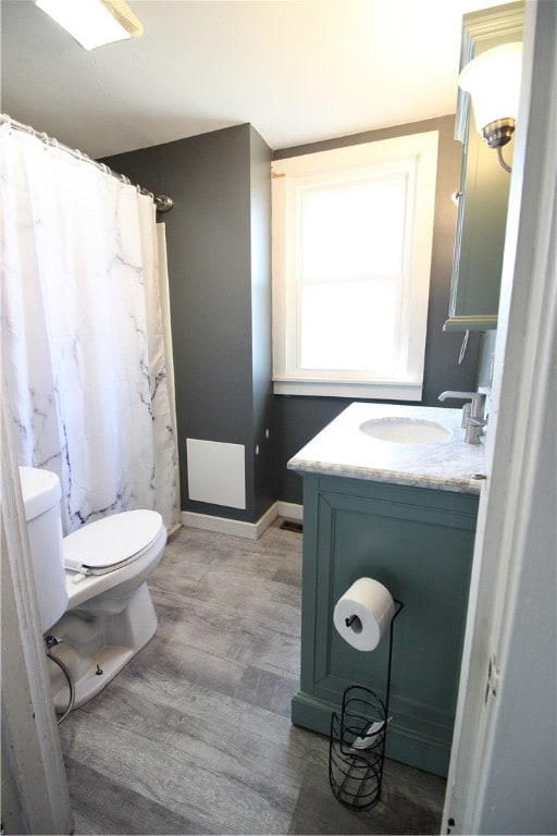 bathroom with vanity, toilet, and wood-type flooring