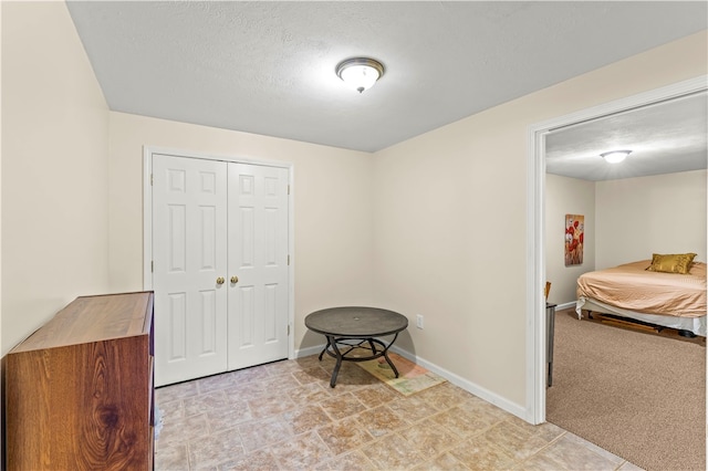 interior space featuring light colored carpet and a textured ceiling