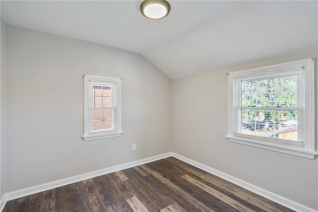 empty room featuring lofted ceiling, plenty of natural light, and dark hardwood / wood-style flooring