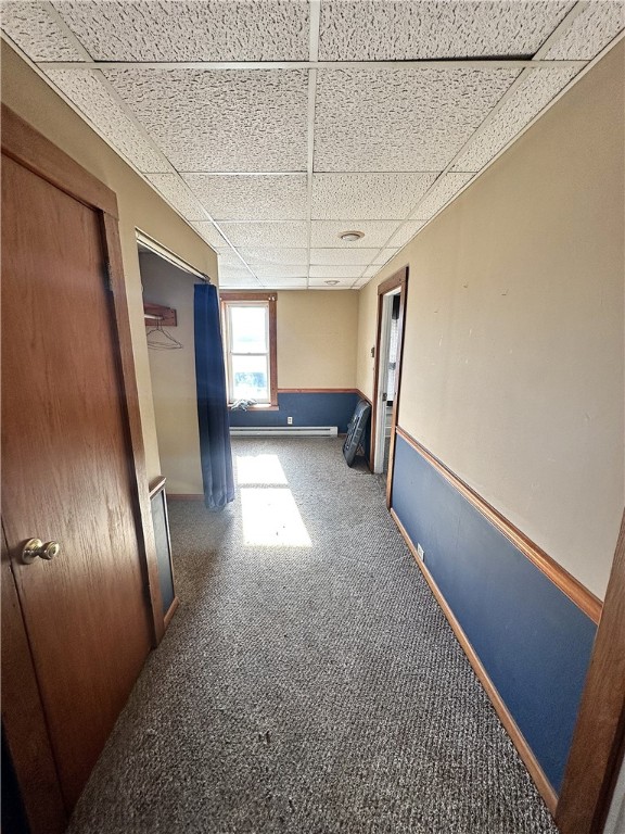 hallway featuring carpet and a paneled ceiling