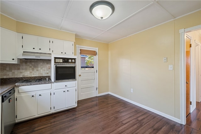 kitchen featuring stainless steel appliances, white cabinets, dark hardwood / wood-style flooring, and tasteful backsplash