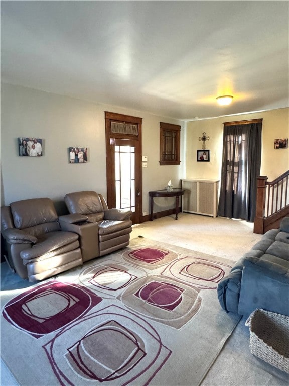 living room with light carpet