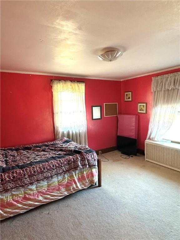1300 Sycamore St, Connellsville, PA 15425 - carpeted bedroom featuring radiator heating unit and ornamental molding