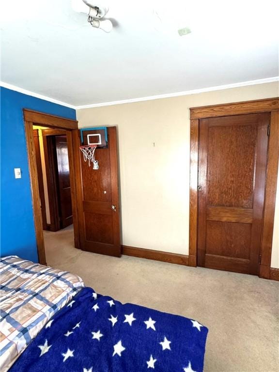 1300 Sycamore St, Connellsville, PA 15425 - bedroom featuring light colored carpet, ornamental molding, and a wall unit AC