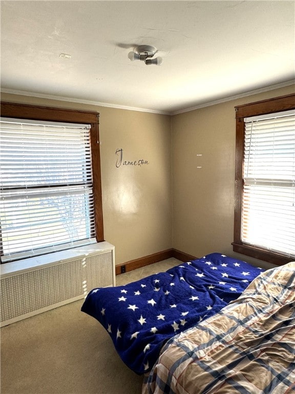 bedroom featuring radiator heating unit, carpet floors, and ornamental molding