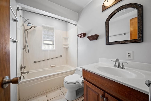 full bathroom featuring shower / washtub combination, tile patterned flooring, vanity, and toilet