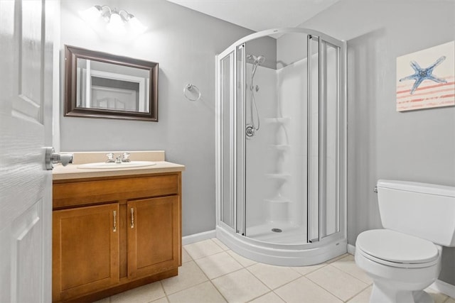 bathroom with tile patterned flooring, an enclosed shower, vanity, and toilet