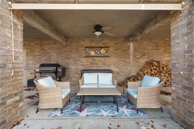 view of patio with a grill and ceiling fan