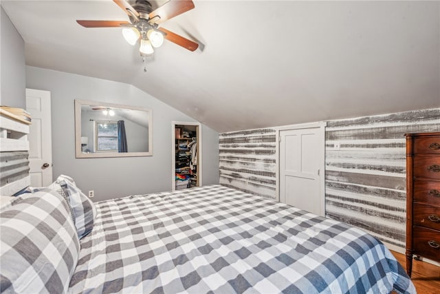 bedroom with lofted ceiling, a walk in closet, ceiling fan, wood-type flooring, and a closet