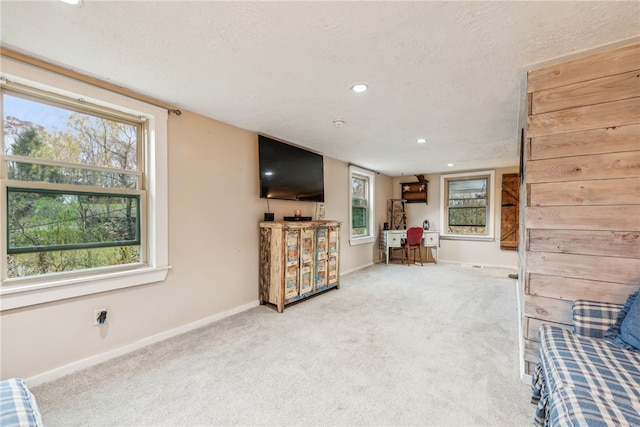 unfurnished room with light carpet, plenty of natural light, and a textured ceiling