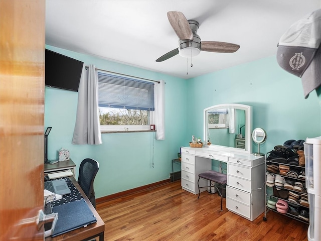 office space featuring ceiling fan and light hardwood / wood-style floors