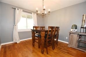 dining area with an inviting chandelier and wood-type flooring