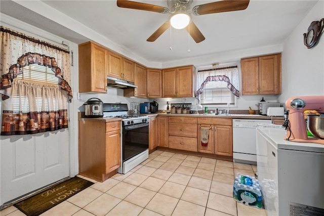 kitchen featuring plenty of natural light, gas range, sink, and white dishwasher