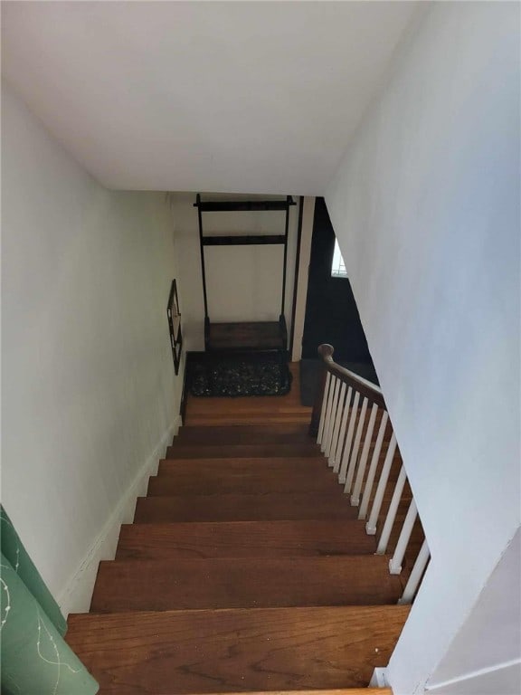 staircase with hardwood / wood-style floors