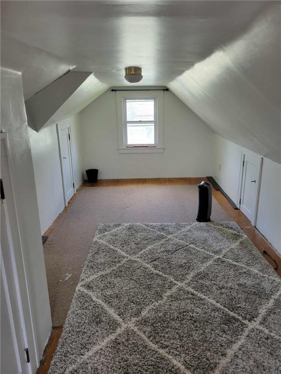 additional living space featuring light colored carpet and vaulted ceiling