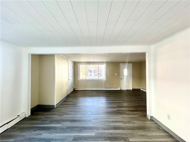 unfurnished room featuring wooden ceiling, dark hardwood / wood-style flooring, and a baseboard heating unit