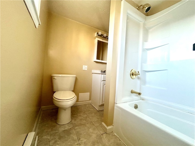 full bathroom featuring tub / shower combination, a textured ceiling, vanity, tile patterned floors, and toilet