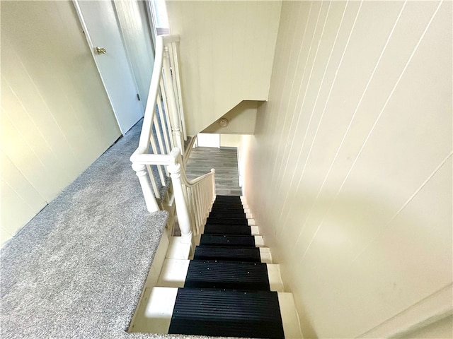 staircase featuring carpet