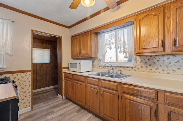 kitchen with black electric range, light hardwood / wood-style floors, sink, ceiling fan, and crown molding