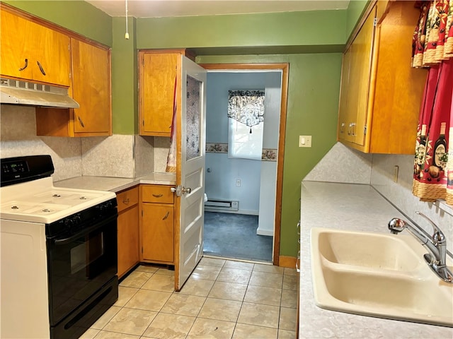 kitchen featuring black electric range, ventilation hood, light tile patterned floors, sink, and baseboard heating