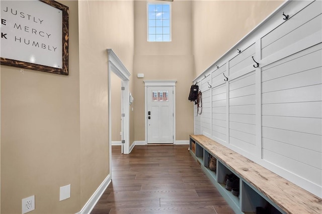 mudroom with a high ceiling and dark wood-type flooring