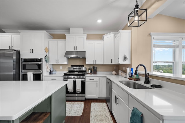 kitchen featuring appliances with stainless steel finishes, decorative light fixtures, white cabinetry, and sink