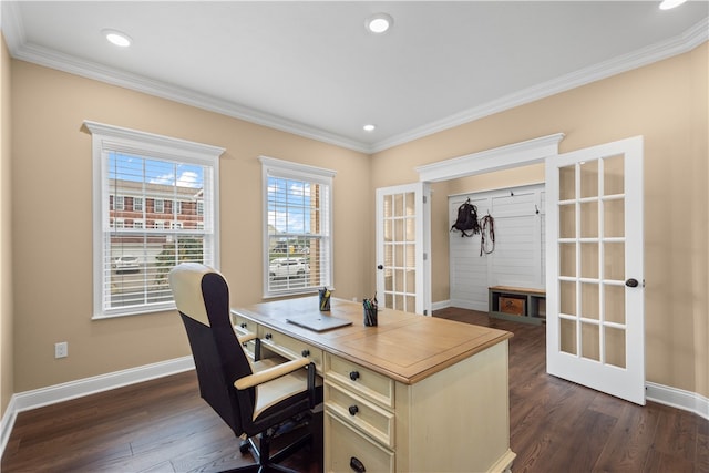 office featuring ornamental molding, dark wood-type flooring, and french doors