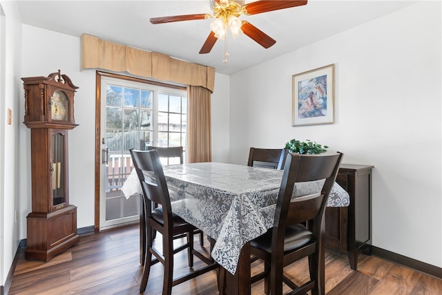 dining room featuring ceiling fan and dark hardwood / wood-style floors