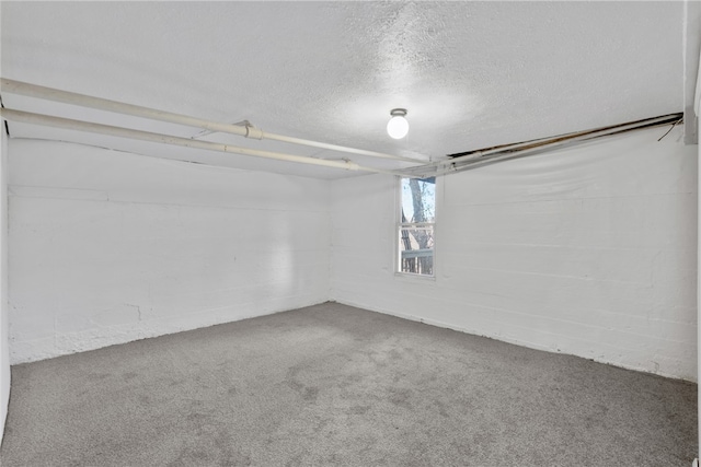 basement with carpet floors and a textured ceiling