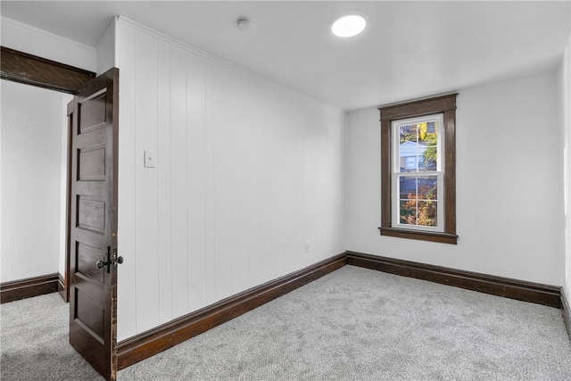 unfurnished room with wood walls and carpet floors