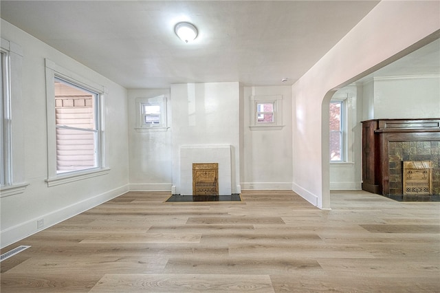 unfurnished living room with a wealth of natural light and light hardwood / wood-style flooring