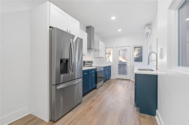 kitchen with white cabinetry, sink, stainless steel appliances, and wall chimney range hood