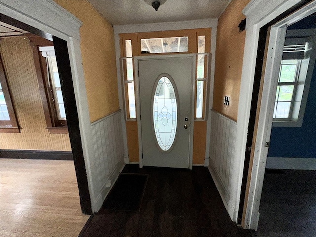 foyer entrance featuring wood walls and hardwood / wood-style floors