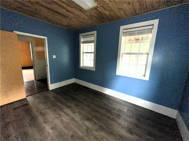 empty room with dark hardwood / wood-style flooring and wooden ceiling