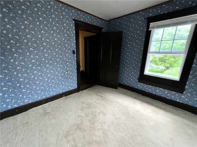 carpeted empty room featuring a textured ceiling and ornamental molding