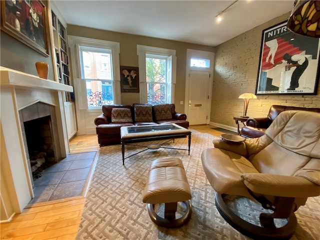 living room with light hardwood / wood-style flooring and rail lighting