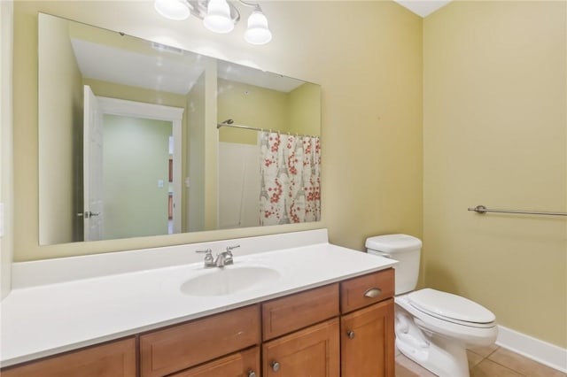 bathroom with visible vents, a shower with shower curtain, toilet, vanity, and tile patterned floors