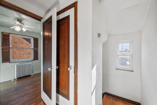 hallway featuring lofted ceiling, radiator heating unit, and dark hardwood / wood-style flooring