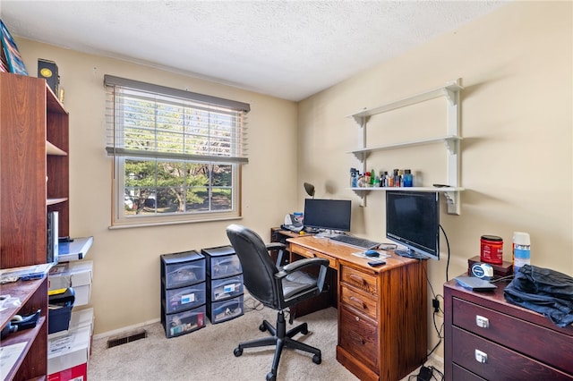 office area with a textured ceiling and light colored carpet